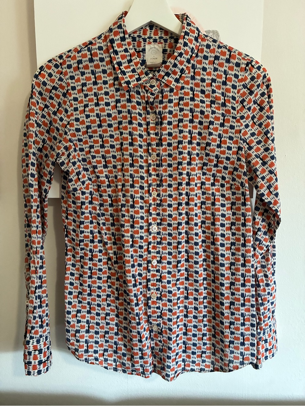 J. Crew Women's Geometric Print Button-Down Shirt — White, Burnt Orange & Navy